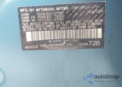 2017 Mitsubishi Mirage Es from USA, damaged, VIN ML32A3HJ7HH015681
